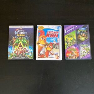 6 family night DVDs: Jimmy neutron, Ninja turtle 4 DVD set, and chicken run